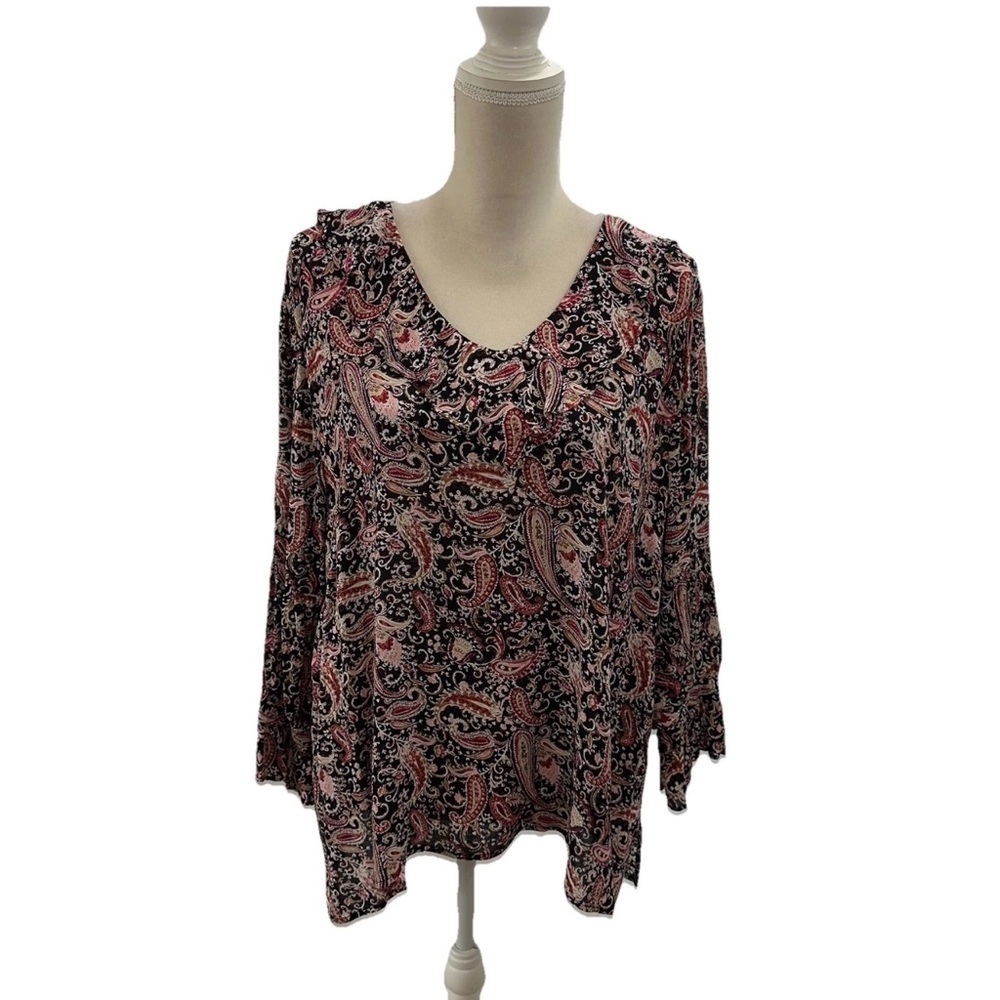 J. Jill Top Tunic Long Sleeve Black Paisley Ruffle V-Neck and Sleeves Women's XL